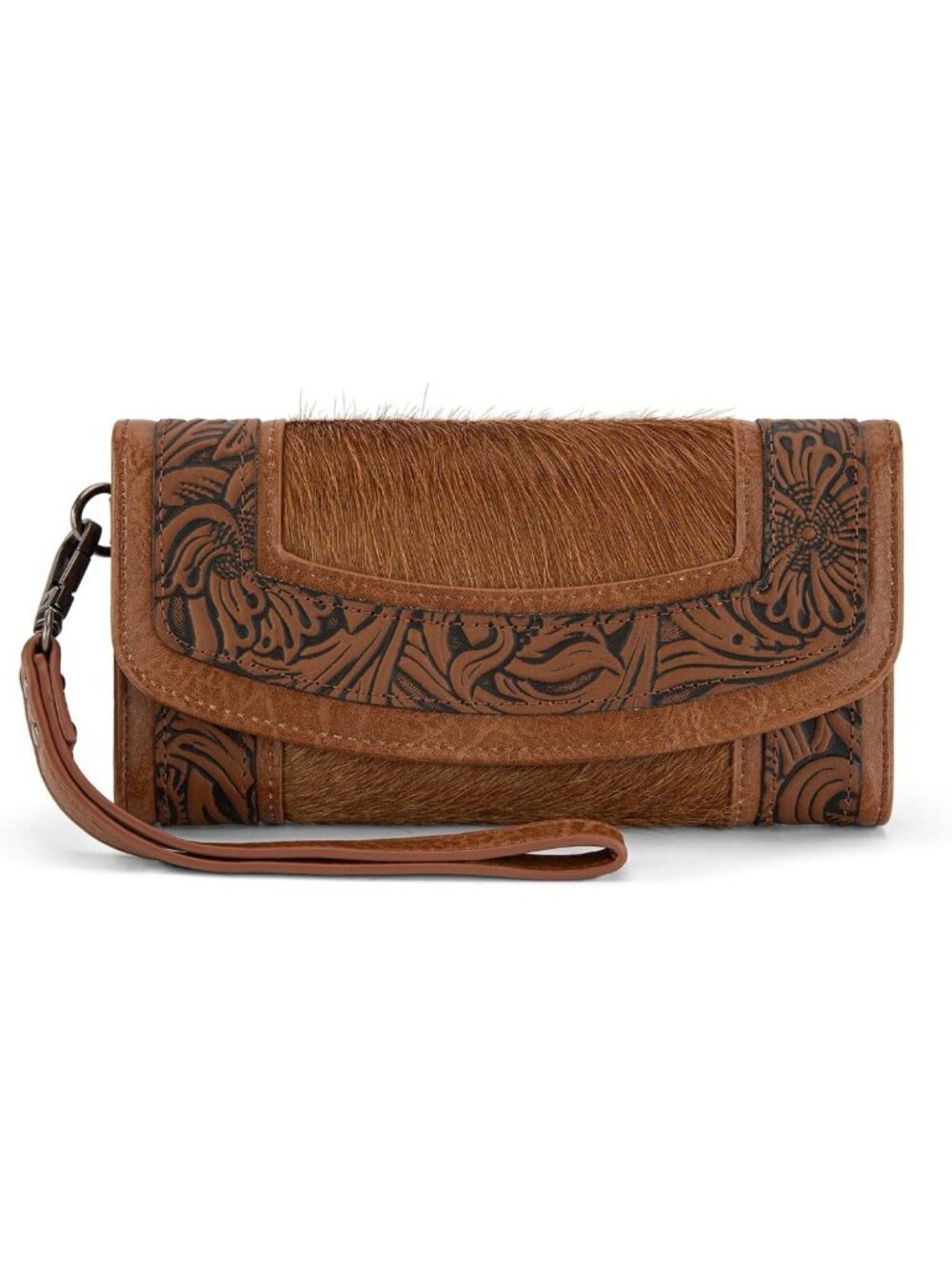 Western Floral Tooled Cowhide Wristlet Wallet - Large Capacity Trifold with ID